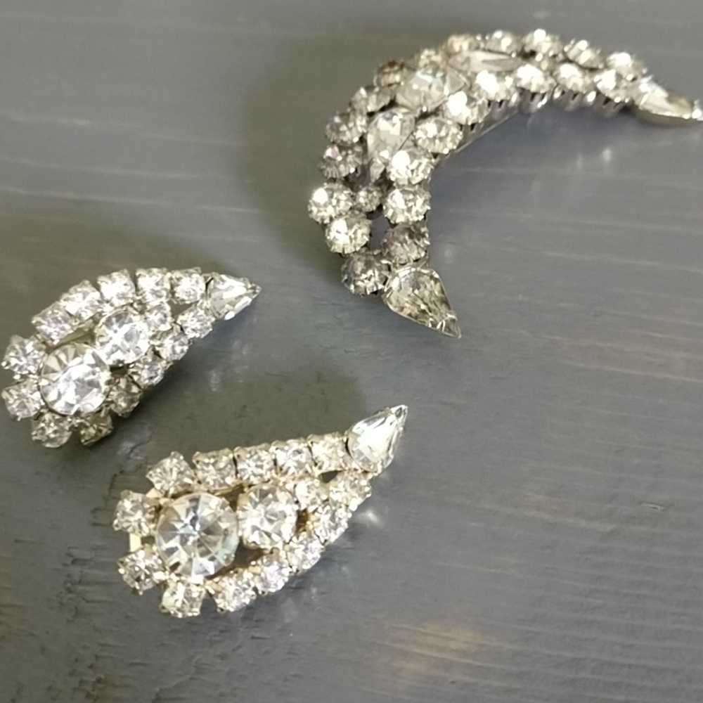 Crystal crescent pin and matching clip on earrings